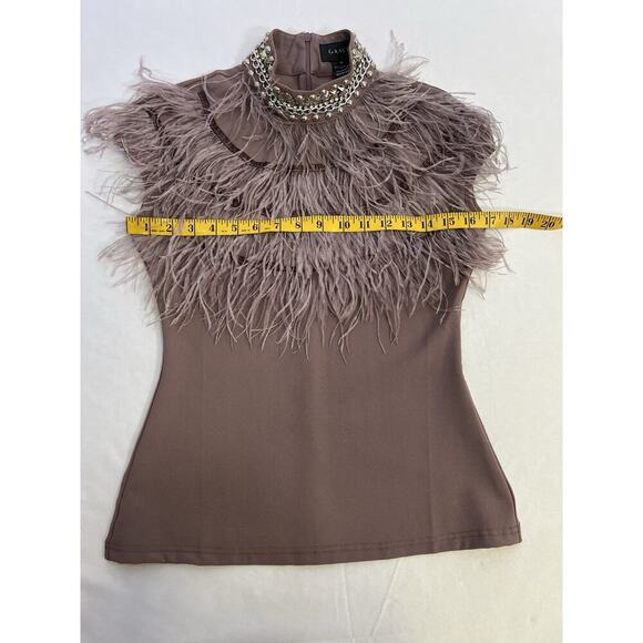 Gracia Taupe Stretch Short Sleeve Blouse with Ostrich Feather Trim Women’s S - Picture 6 of 12